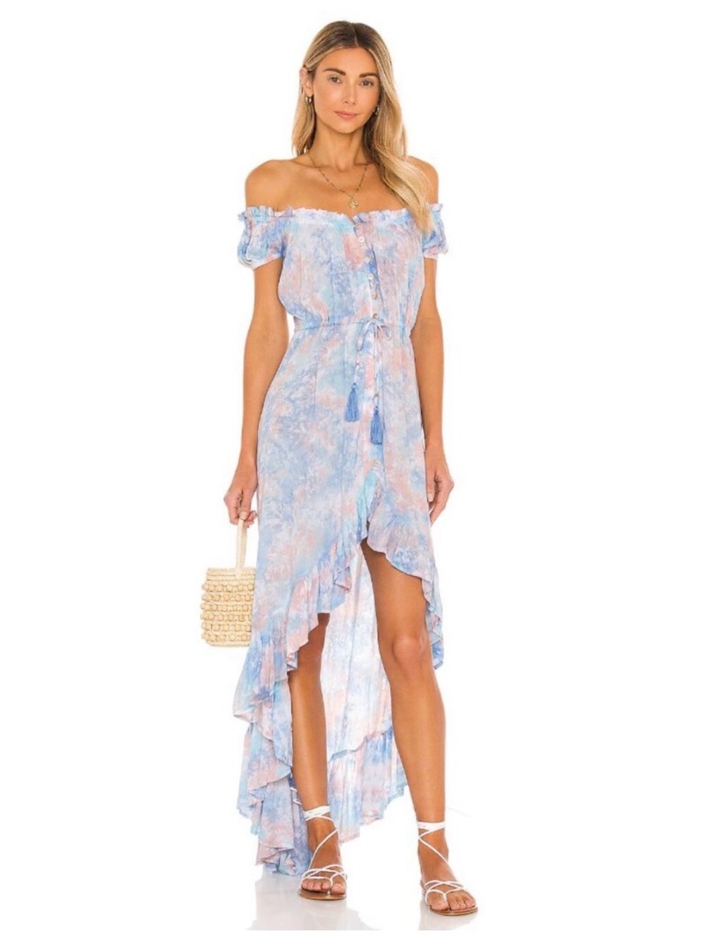 Tiare Hawaii Pastel Blue and Peach Tie-Dye off shoulder maxi dress